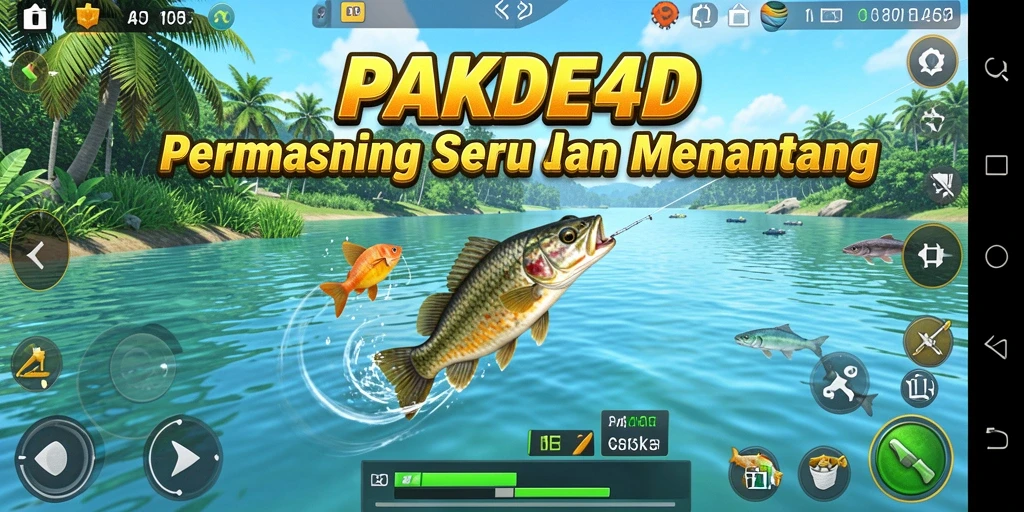 Screenshot utama gameplay PAKDE4D menampilkan aksi memancing yang mengasyikkan.