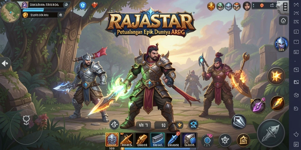 Tangkapan layar gameplay RAJASTAR yang menunjukkan pertarungan epik dan strategis.