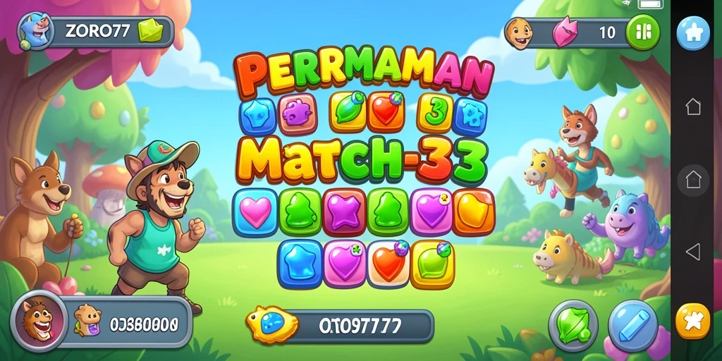 Gameplay ZORO77 menampilkan keseruan mencocokkan elemen match-3.